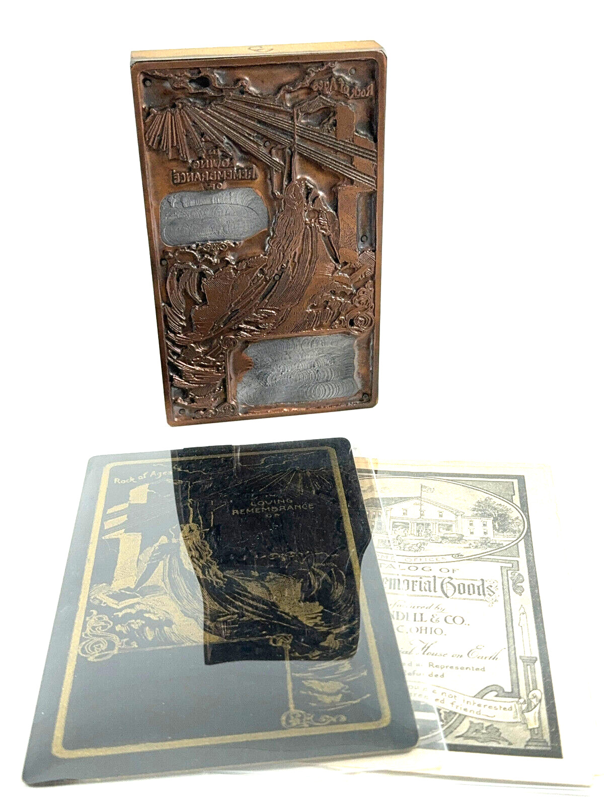 1800’s H.F. Wendell Memorial Funeral Printing Plate Leipsic OH Rock of Ages