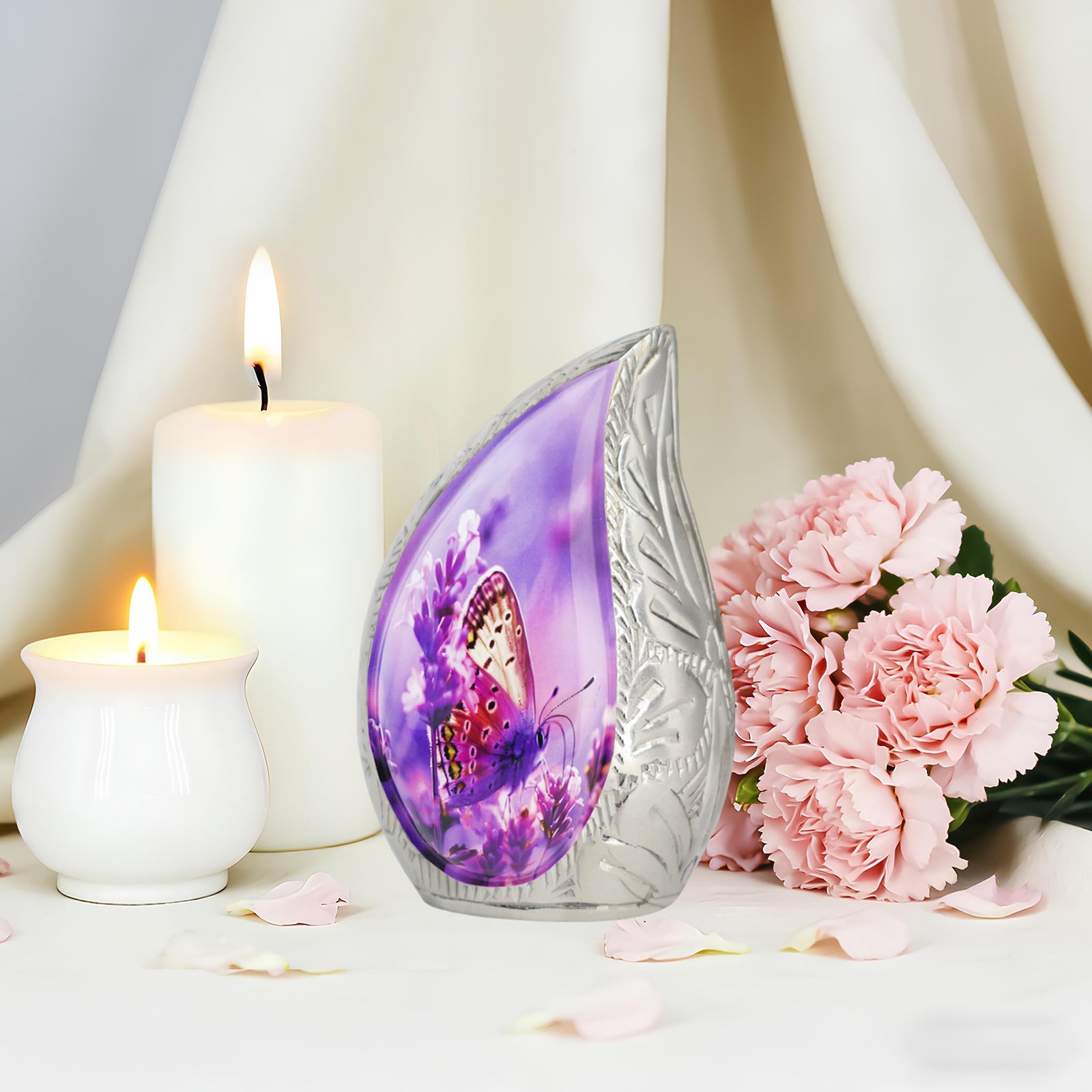 Small Urns for Human Ashes 3″ H Brass Teardrop Purple Butterfly – Keepsake