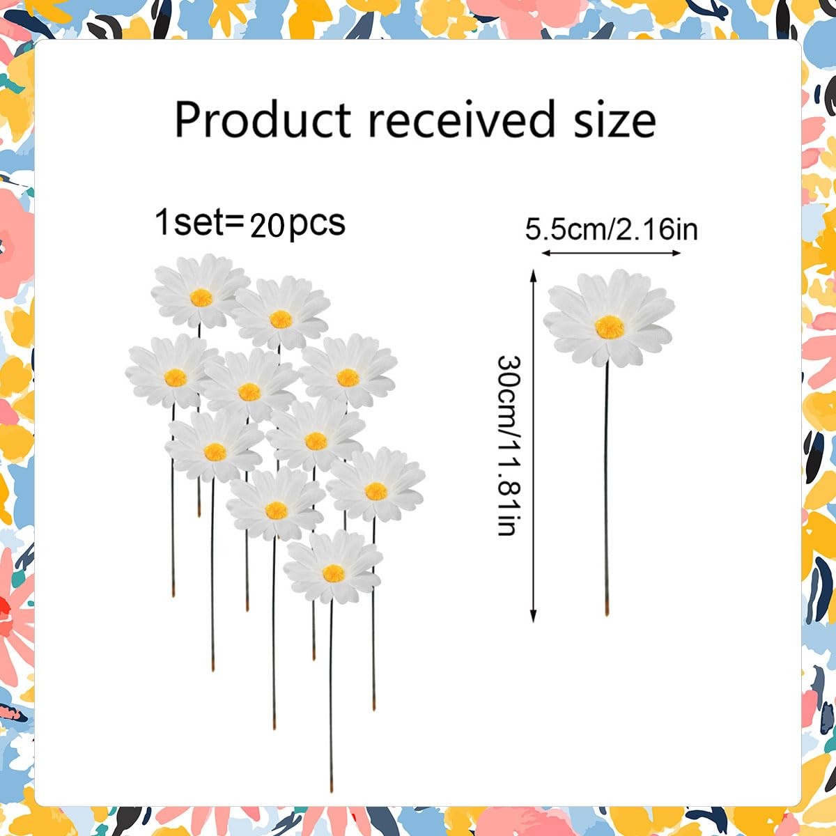 20Pcs Daisy Garden Stakes Iron Metal Flower Yard Patio Lawn Decor White