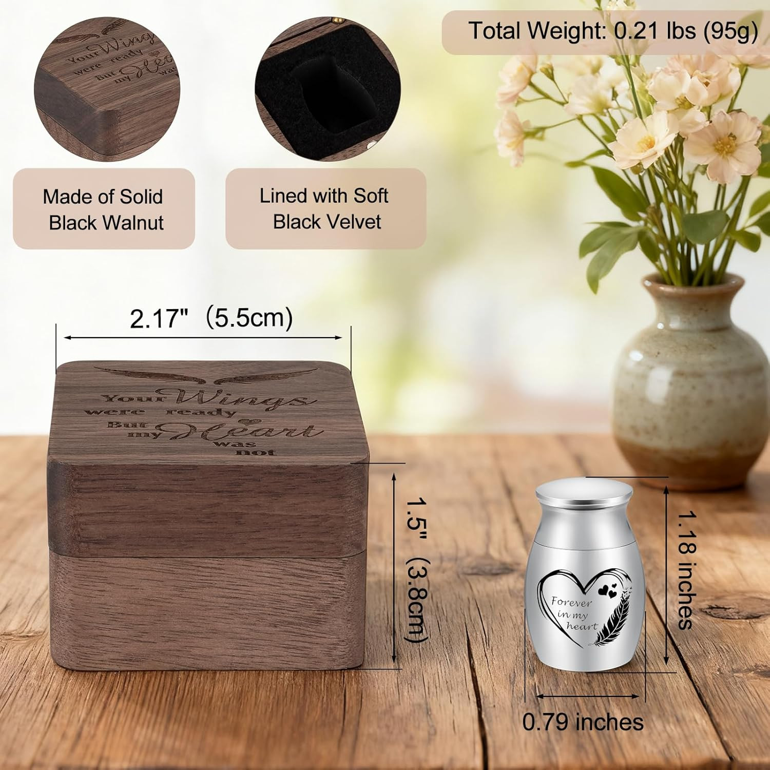 Angel Wing Small Urns for Human Ashes Square Wooden Keepsake Box 1.57 Inches Hea