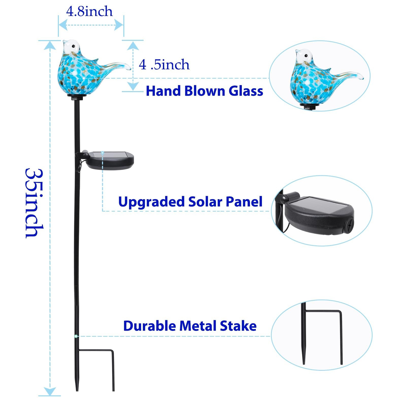 Solar Garden Lights Outdoor Blue Bird Hand-Blown Glass Solar Stake Lights Wat…