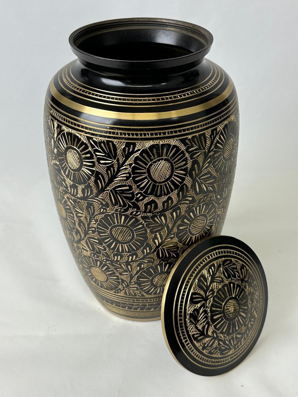 Elegant Solid Brass Black Golden Flower Urns Handcrafted Memorial Urn for Ashes