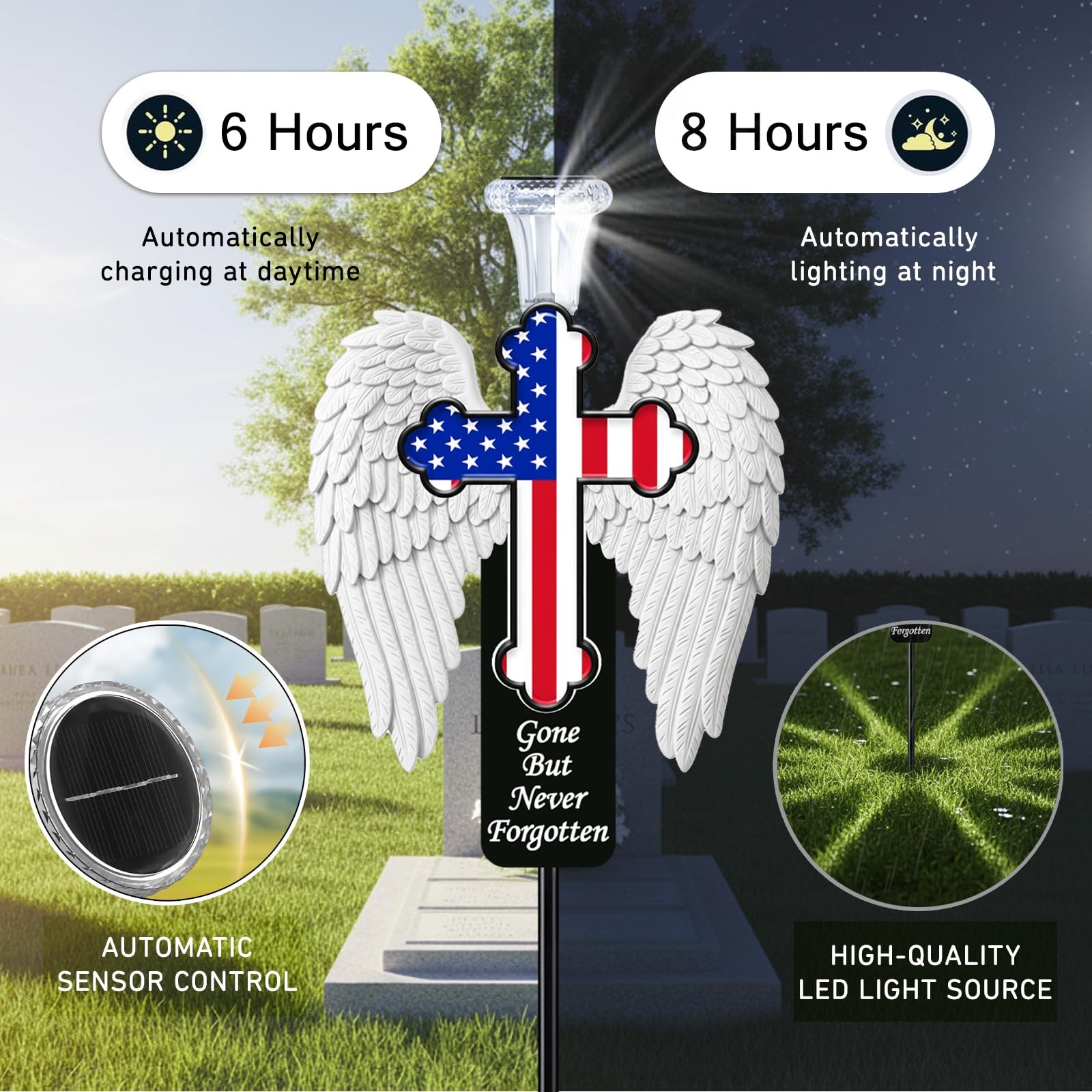 Solar Memorial Cross with Angel Wings LED Grave Marker for Cemetery Decor