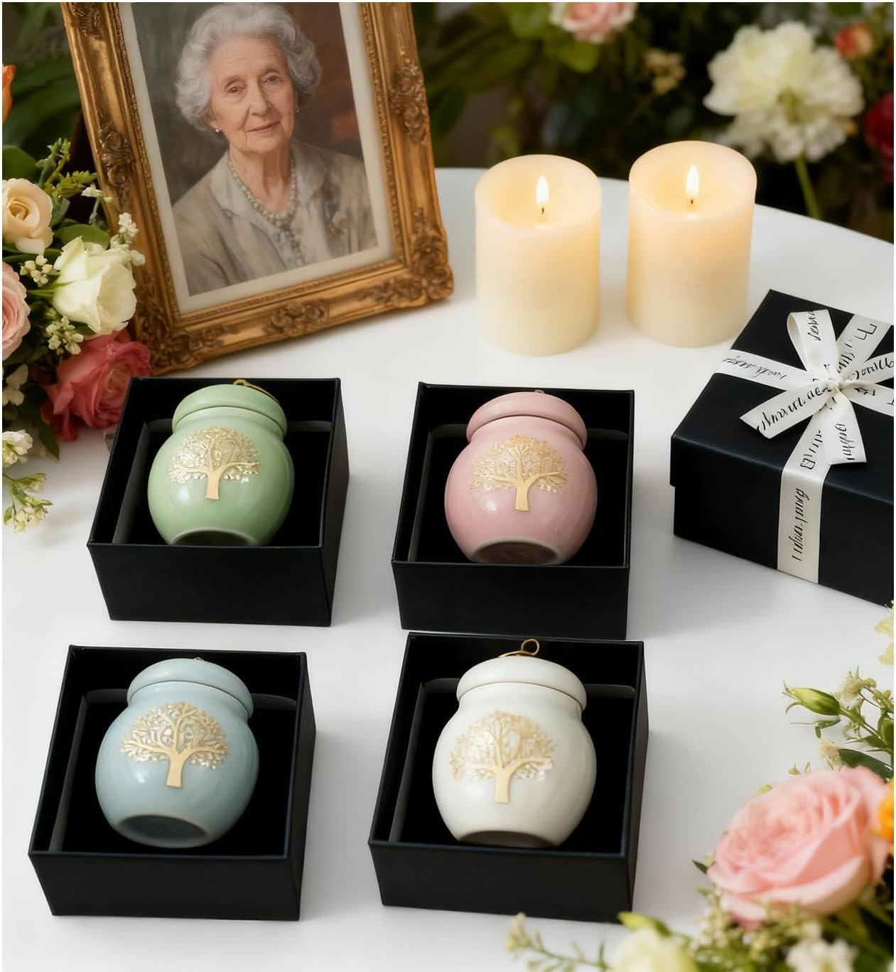 4 Pack Small Ceramic Keepsake Urns for Human Ashes, Tree of Life Pattern | Inclu