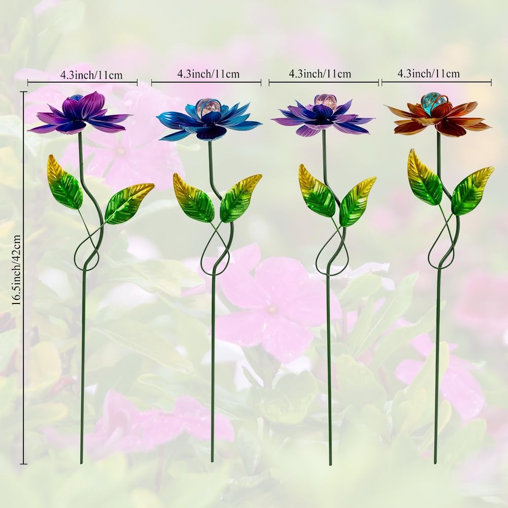 4 Pack Metal Flower Garden Stakes for Outdoor Patio and Lawn Decor