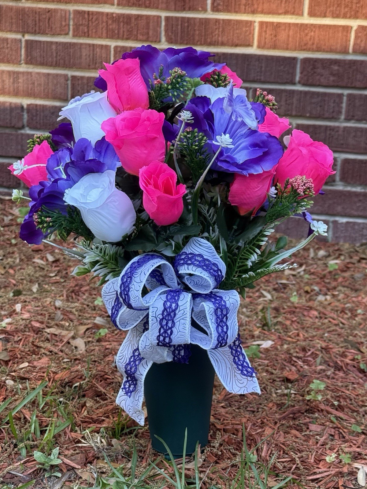 Cemetery Vase Memorial Silk Flower Arrangement Purple, Hot Pink & White