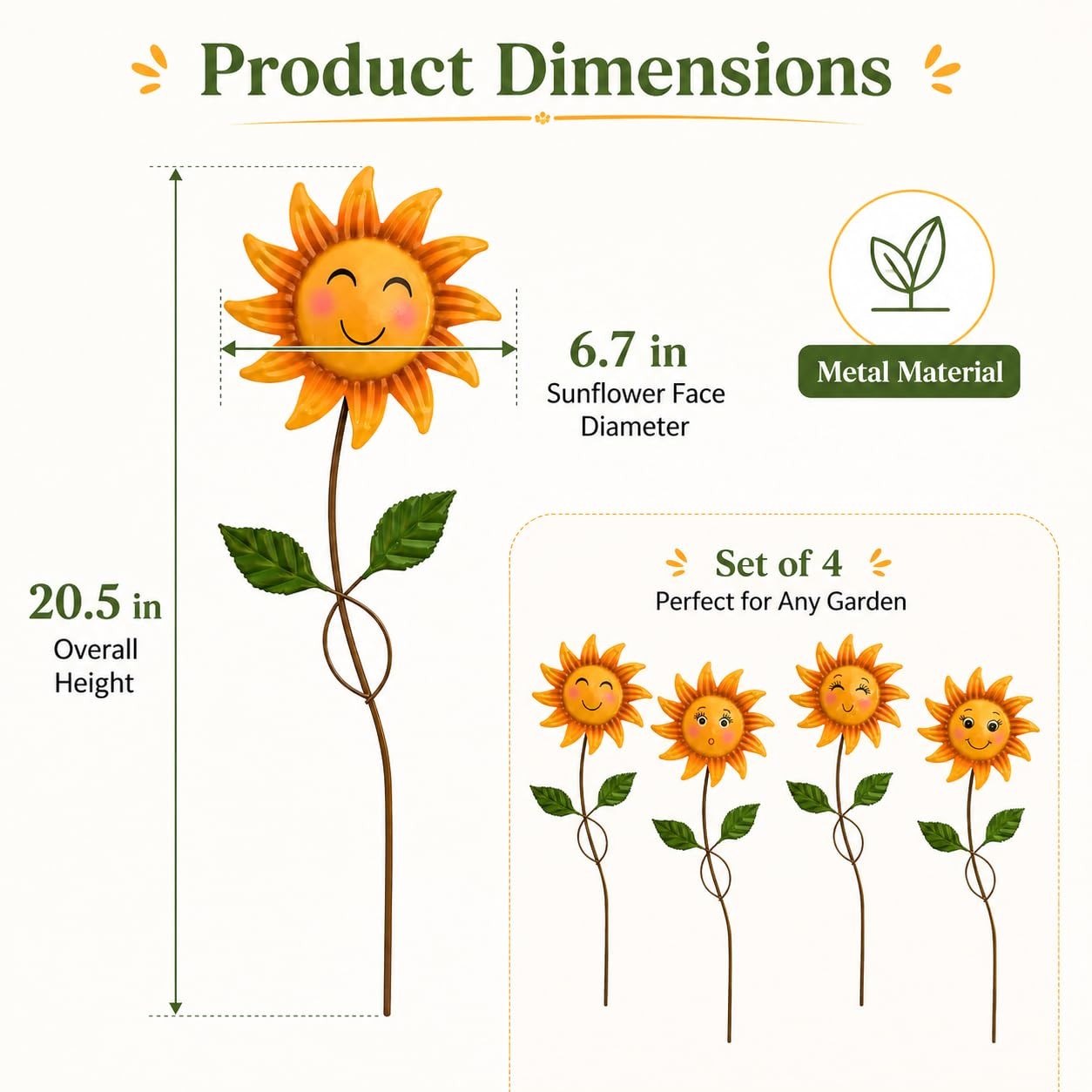 4 Pack Smiley Sunflower Decorative Garden Stakes, 20.5 Inch Metal Flower Gard…