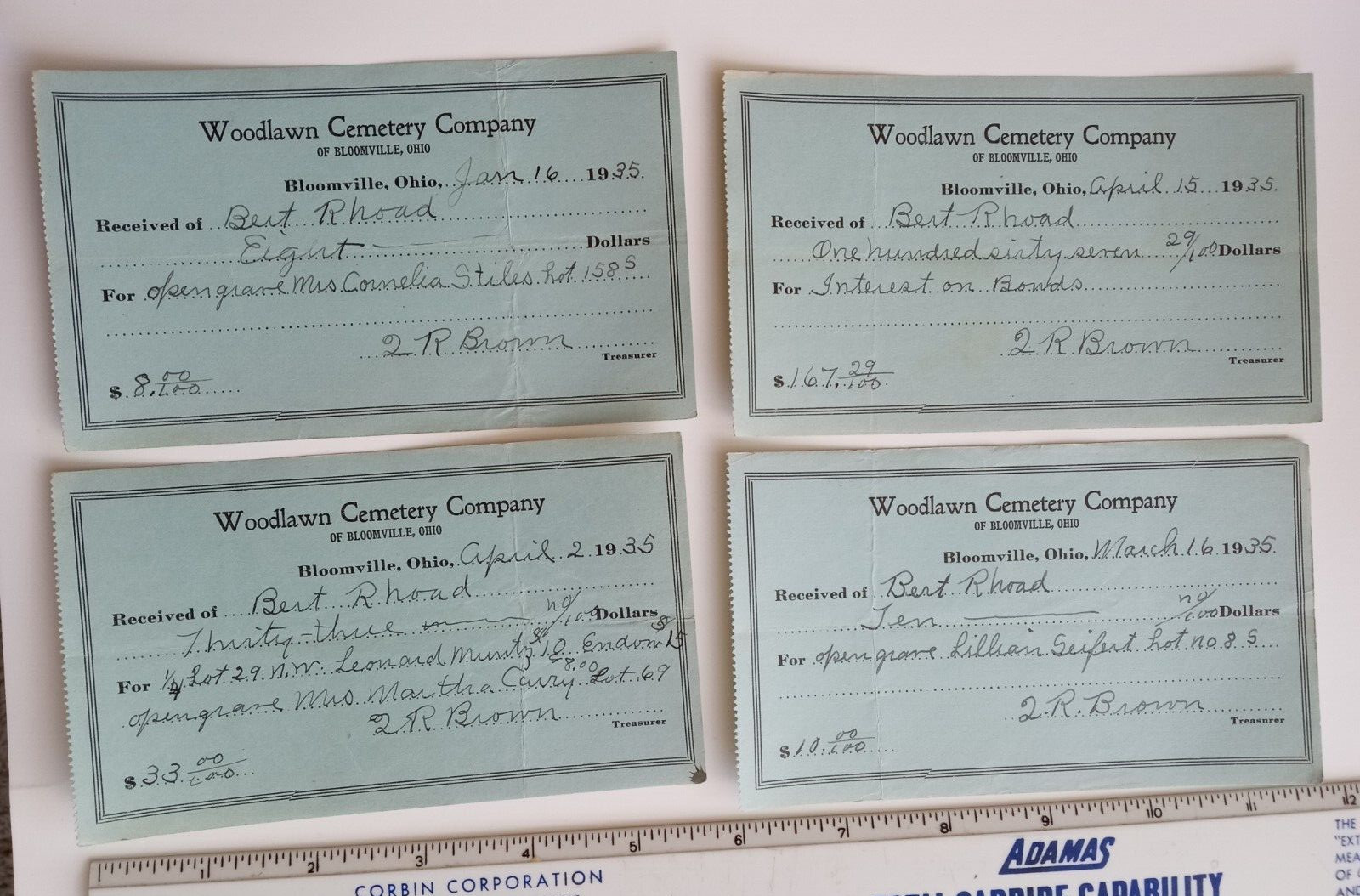 4 BLOOMVILLE OHIO 1935 WOODLAWN CEMETERY RECEIPTS OPEN GRAVE MORTUARY TIFFIN #3
