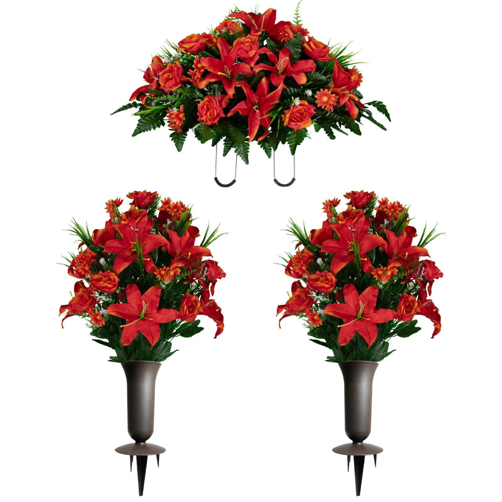 Artificial Flowers- Fire Red Lily, Rose, & Daisies Saddle, 2 Bouquets & 2 Vases