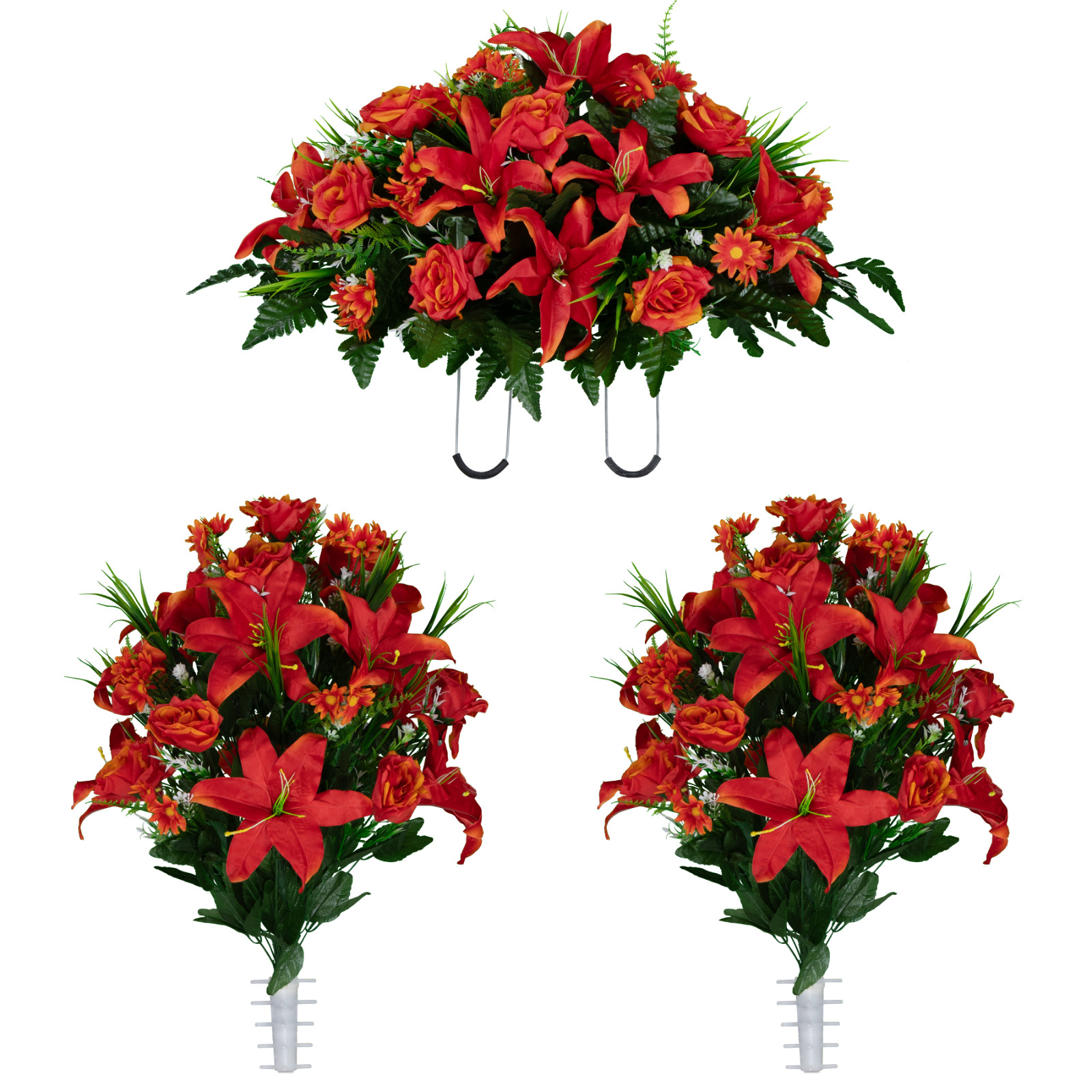 Artificial Cemetery Flowers – Fire Red Lily, Rose, and Daisies Saddle & Bouquets