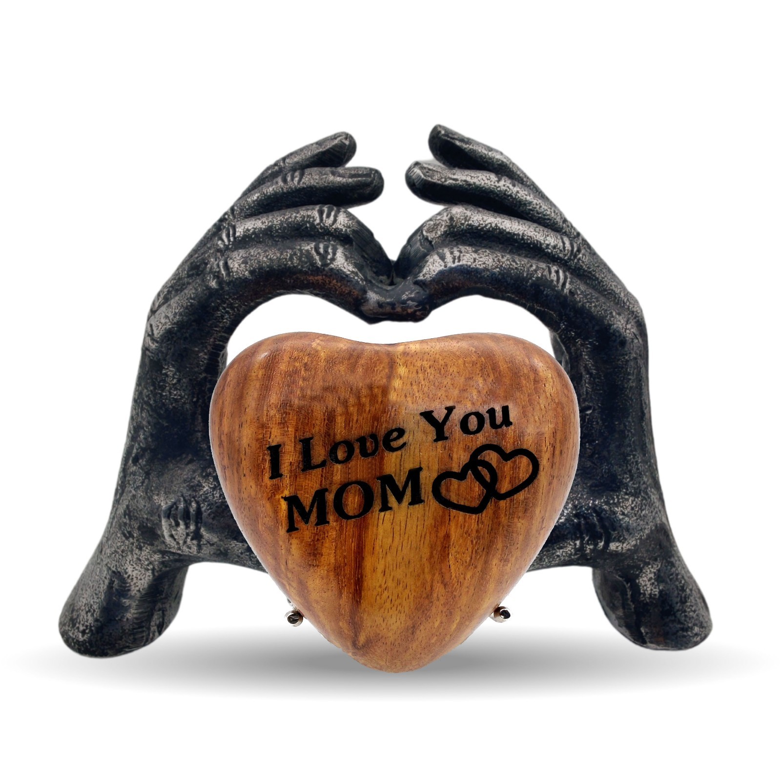 Wooden Heart Keepsake Urn I love you MOM Hand Display Stand with Engraving