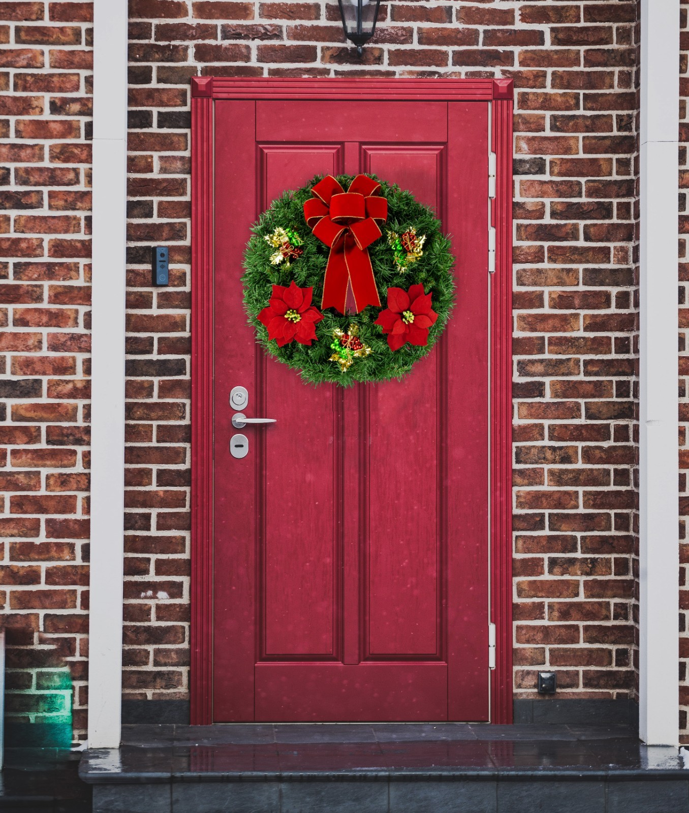 Artificial Wreath – Red Poinsettias & Holiday Ornaments with Bow & Door Handle
