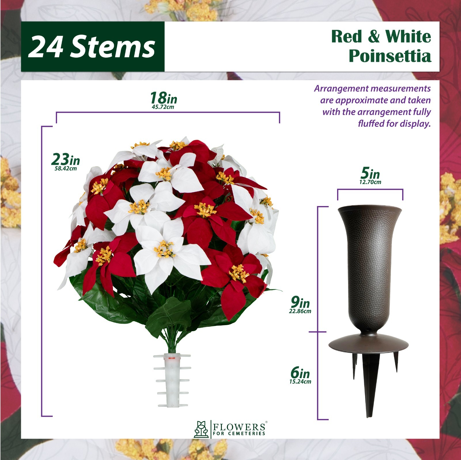 Artificial Cemetery Flowers – Red & White Poinsettia Saddle Bouquets and Vases