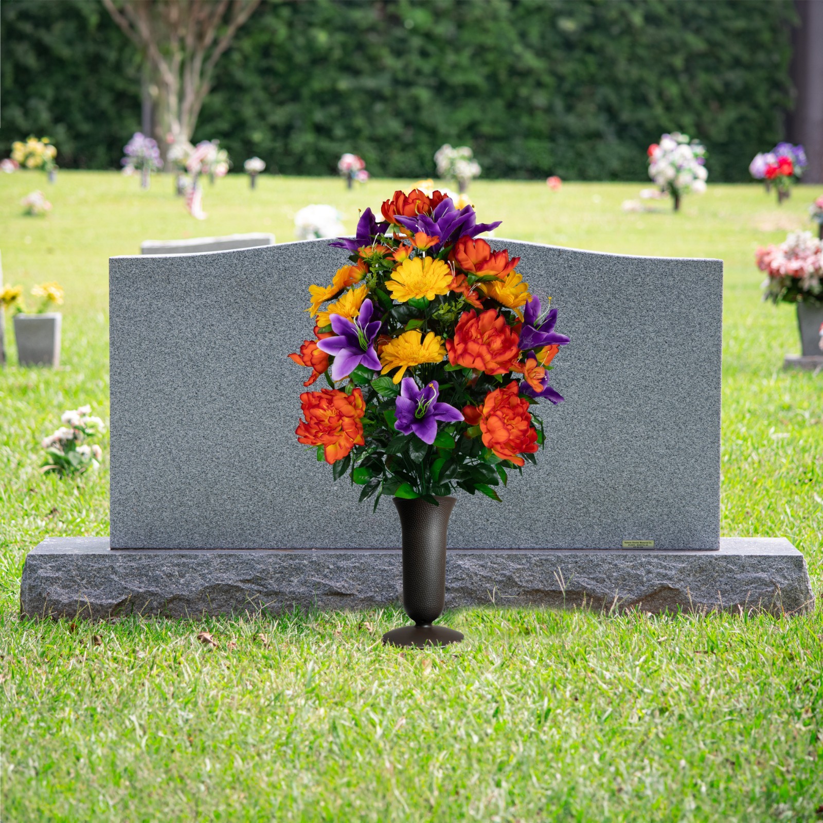 Artificial Bouquet- Orange Peonies, Purple Lilies, & Yellow Daisies with Vase