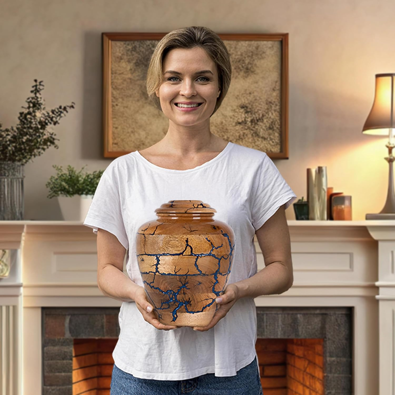 Wooden Cremation Urns for Human Ashes Adult Male 200 Large (200 lbs), Blue