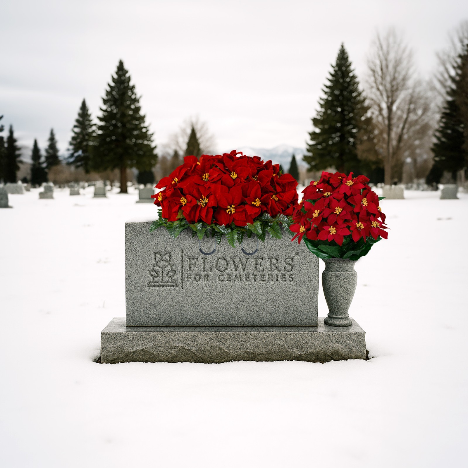 Artificial Cemetery Flowers – Red Poinsettia Saddle and Bouquet