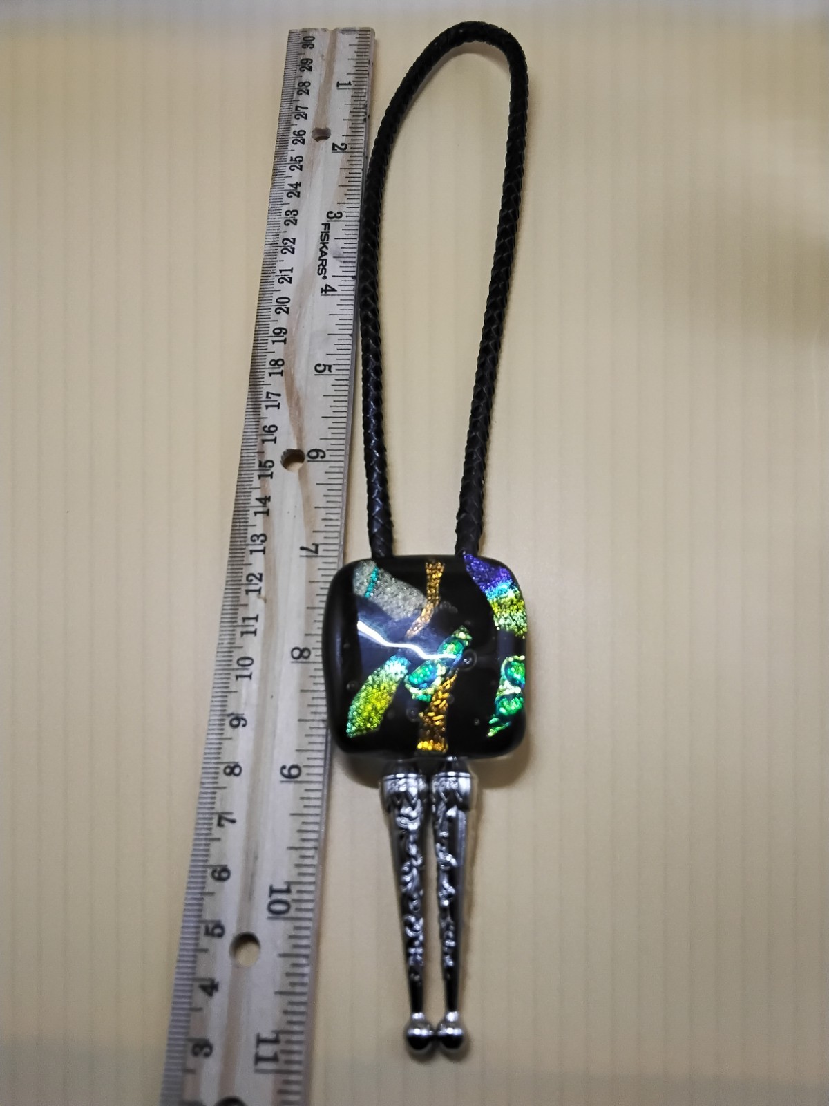 Dichroic Bolo for Cremation Urn | Modern Western Bolo | Black Genuine Leather