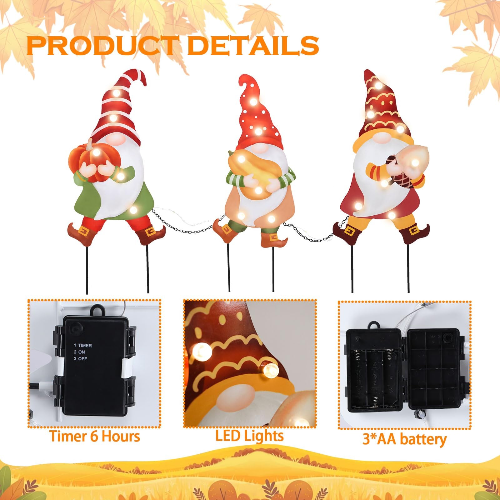 3 PCS Fall Yard Sign Metal Gnomes Decorative Garden Stakes with Led Lights Au…