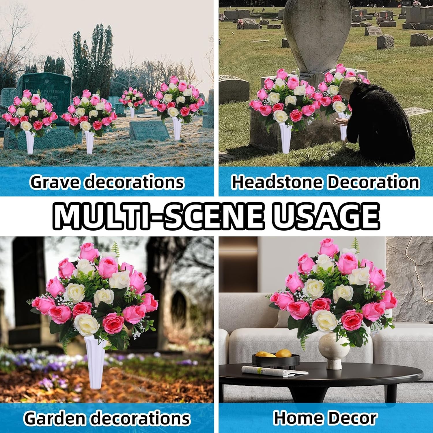 Set of 2 Artificial Cemetery Flowers with Vase,Grave Memorial Flowers,Artific…