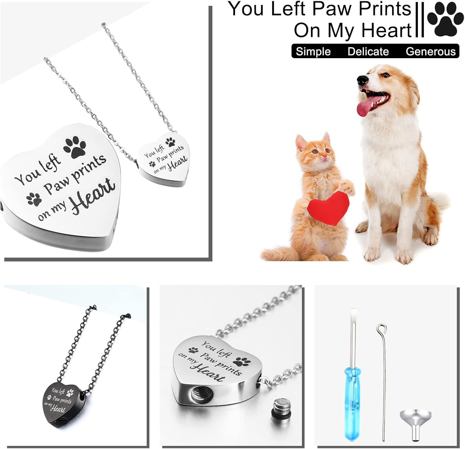 2 Pcs Pet Cremation Jewelry for Ashes Urn Necklace with Paw Print Heart,