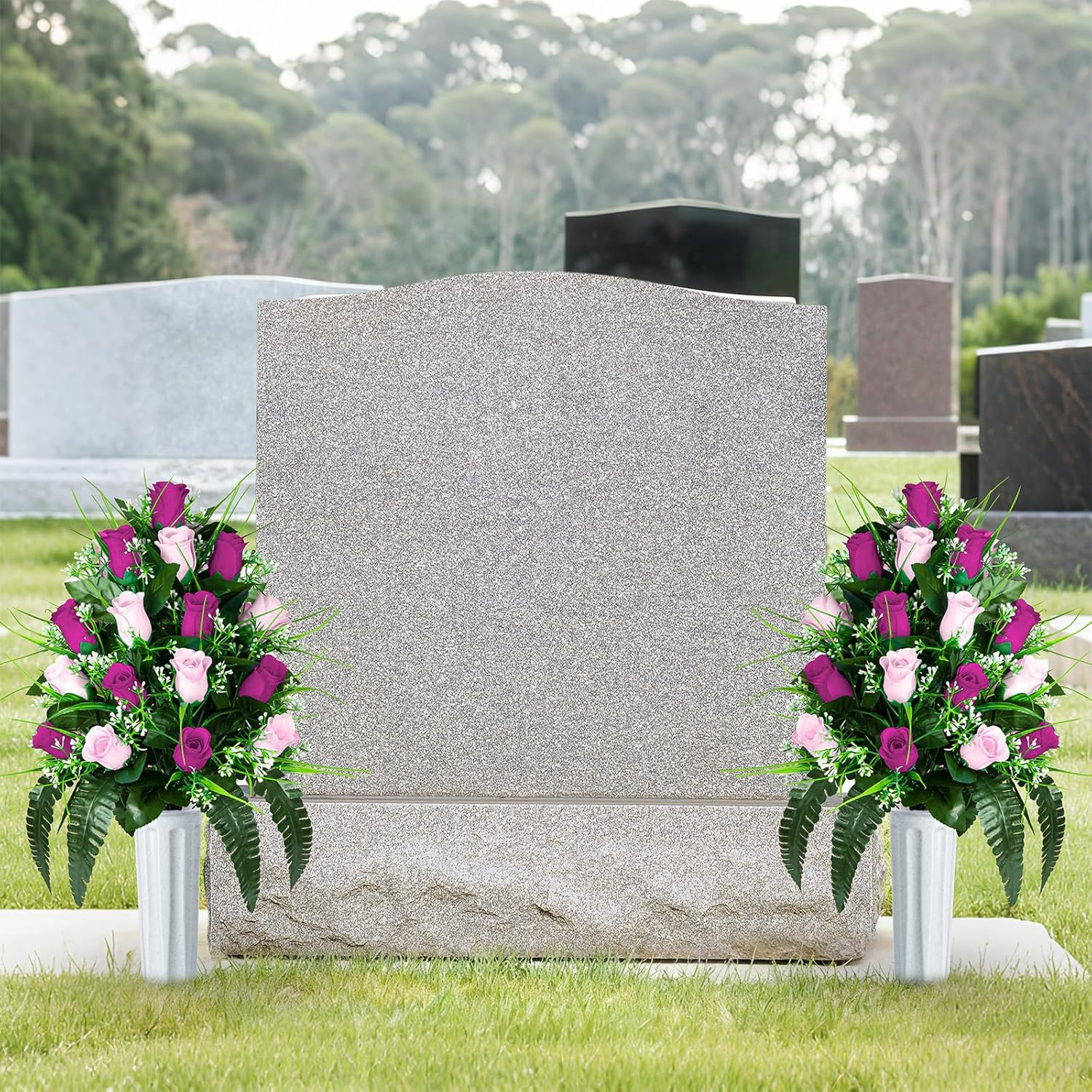 2 Sets Artificial Cemetery Flowers, Grave Decorations Roses, Memorial Flowers Bo