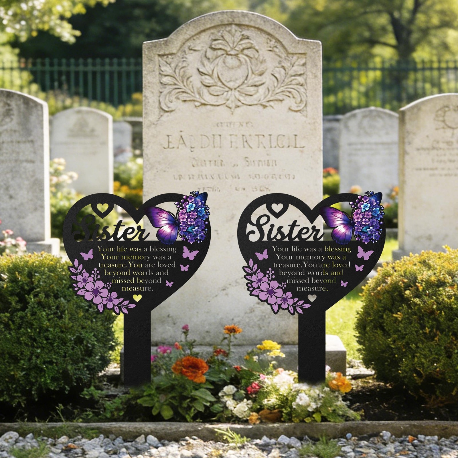 HeartShaped Sister Memorial Marker with Butterfly Design for Gravesite Decor