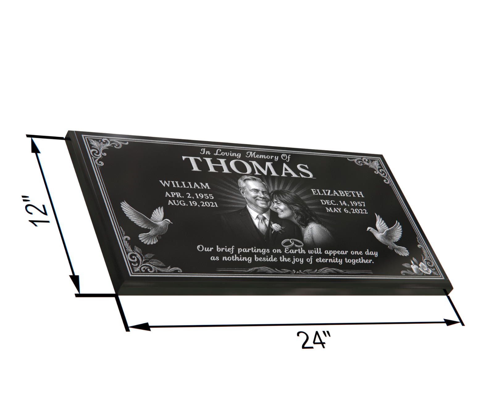 Custom Black Granite Headstone 24×12 – Personalized Portrait & Engraving & Doves