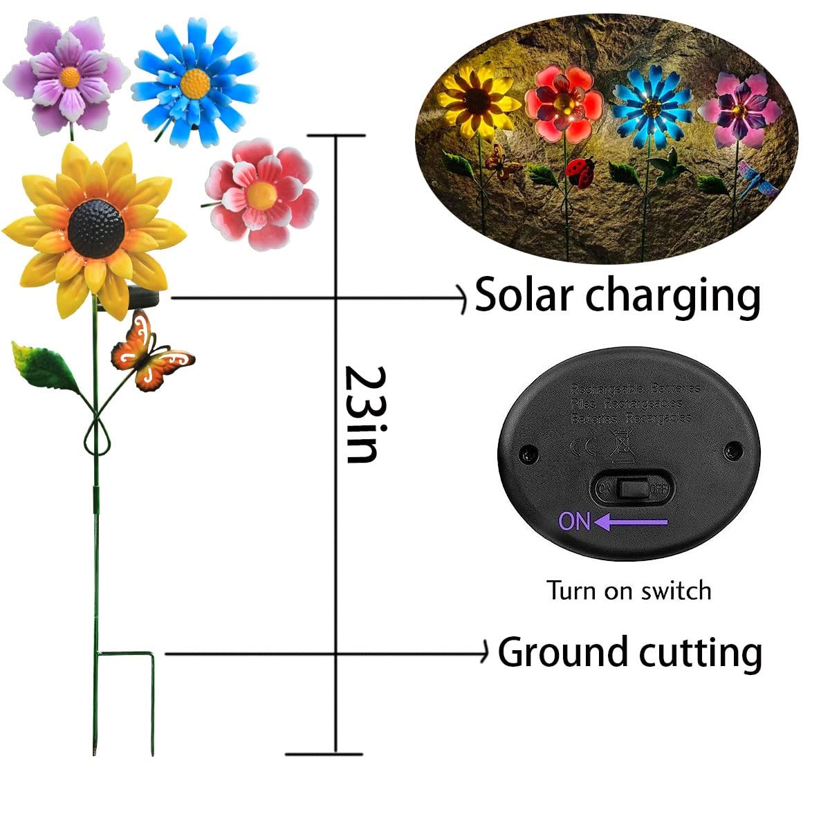 Outdoor Solar Garden Stake Lights, 4-Pack Waterproof Metal Art Flowers