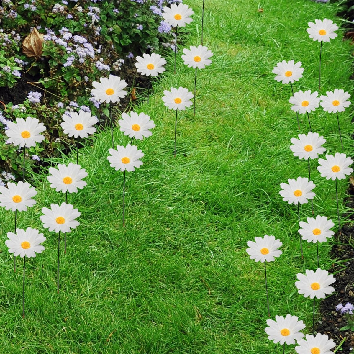 20Pcs Daisy Garden Stakes Iron Metal Flower Yard Patio Lawn Decor White