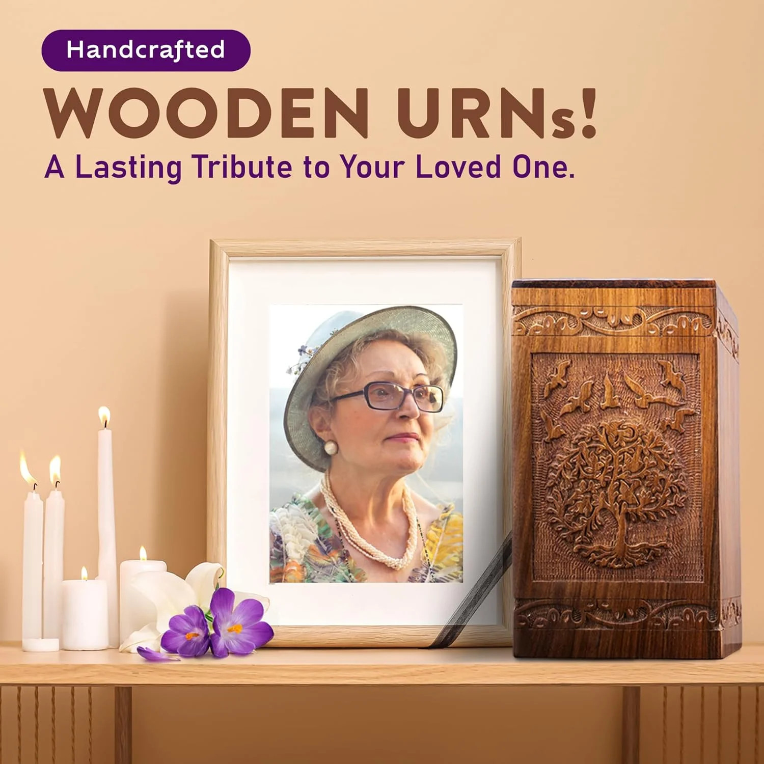 Tree of Life Wooden Urn for Human Ashes, 20lbs Capacity, Suitable for Burial for