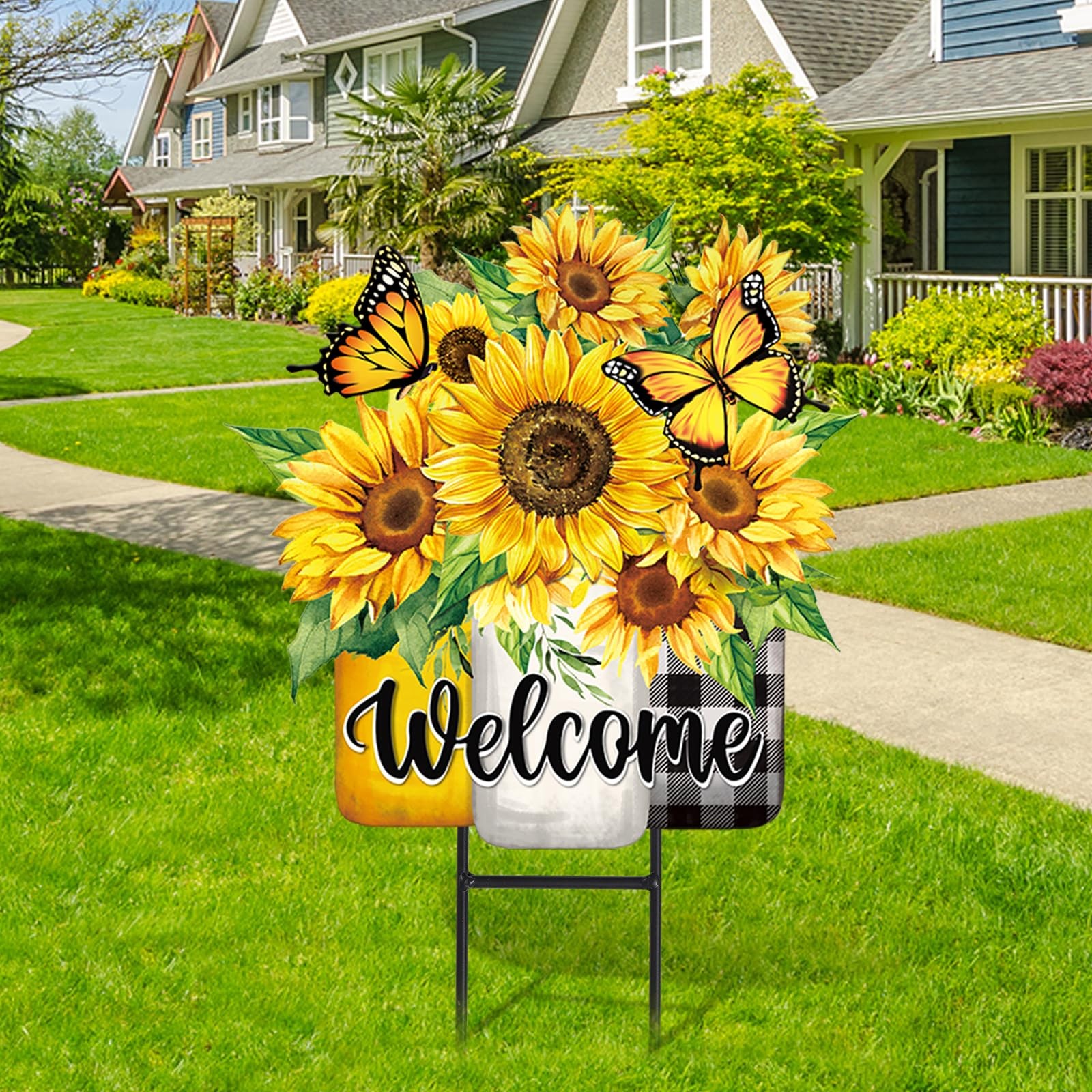 Summer Sunflower Metal Garden Stakes Flower Welcome Yard Sign Floral Decor