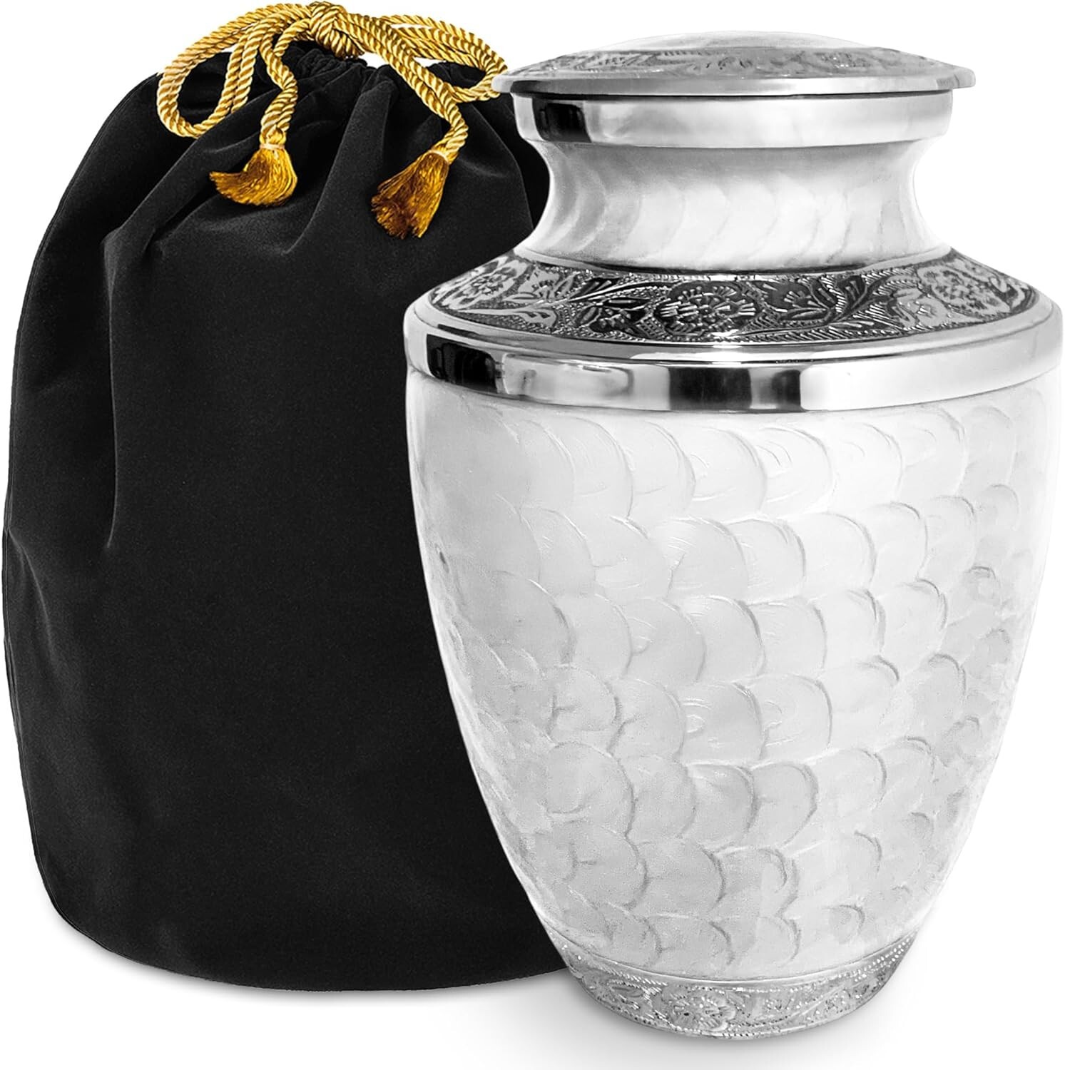 White Reflections Adult Cremation Urn for Human Ashes, Large with Velvet Bag