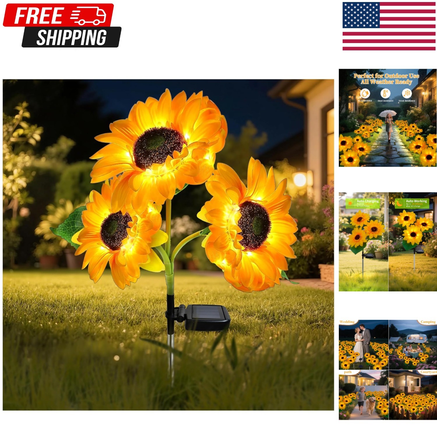 Solar 3 Sunflower Garden Stake Lights, Yellow LED, Waterproof, Outdoor…