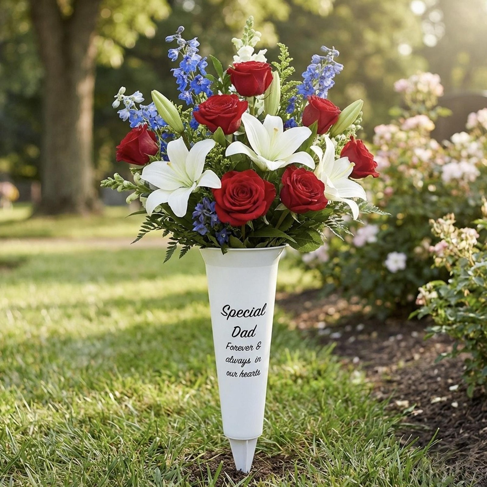 White Graveside Memorial Flower Spiked Vase with Wavy Edge – Special Dad