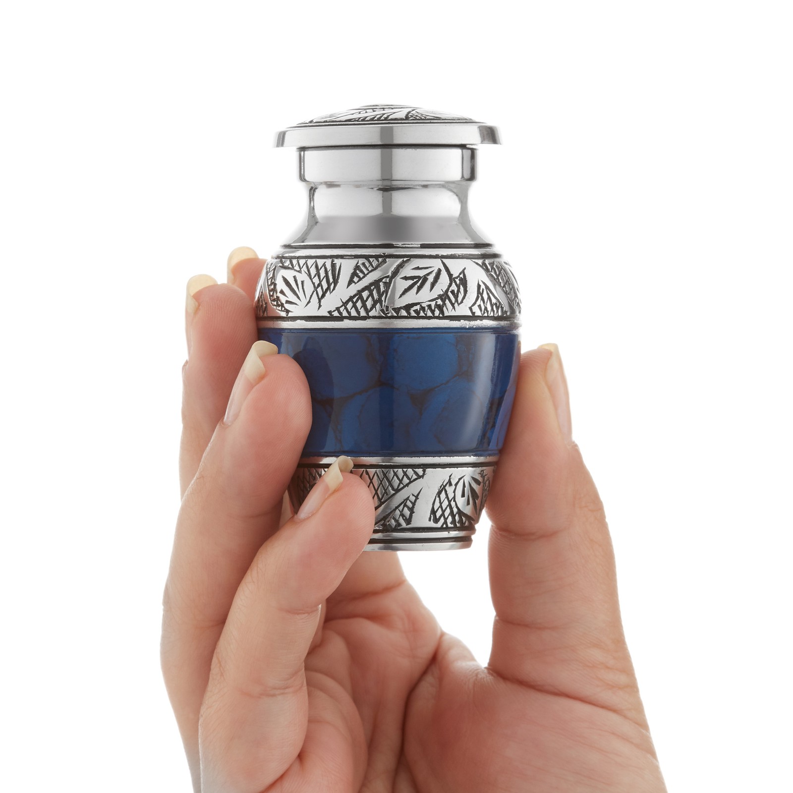Small Keepsake Cremation Urns for Human Ashes, Set of 6 Blue and Silver w Case