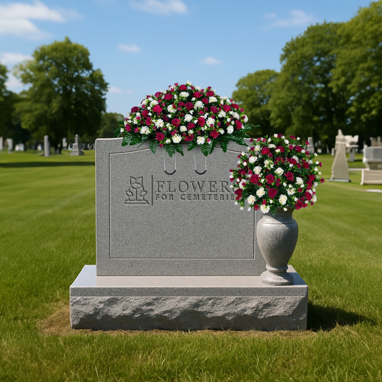 Artificial Cemetery Flowers – Beauty & Cream Garden Mums Saddle & Bouquet