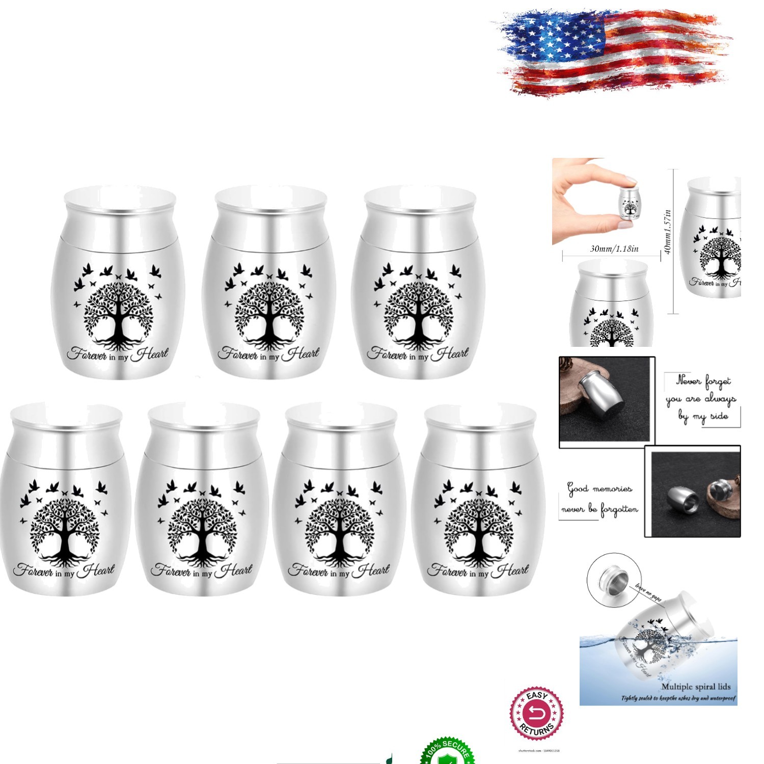 Forever in My Heart – 7pcs Mini Memorial Urns in Stainless Steel with Velvet Bag