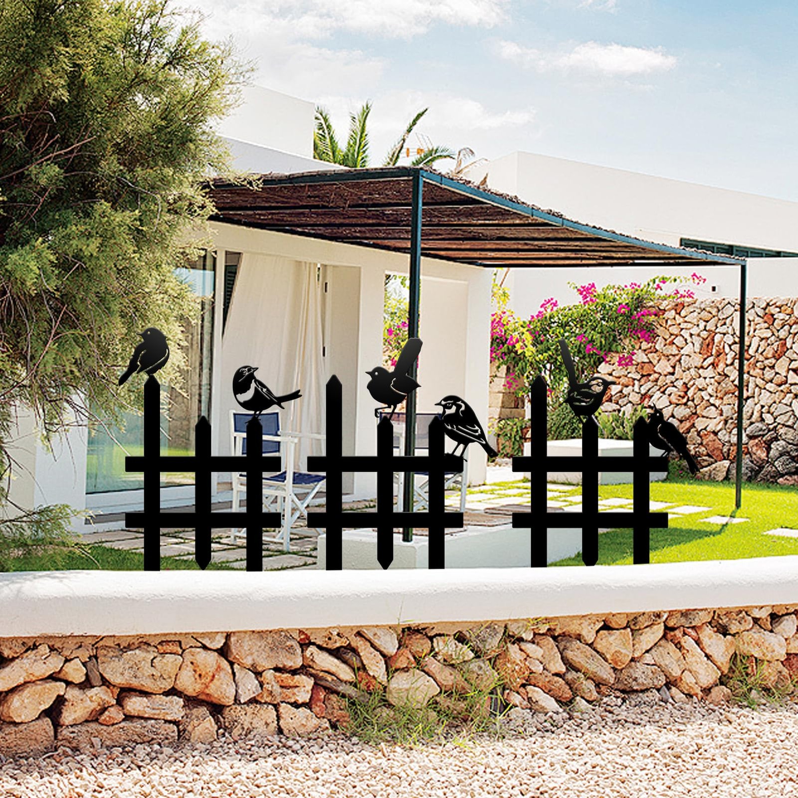 3 Pcs Small Garden Fence with 6 Pieces Birds Decoration, Rustic Garden Decor,…