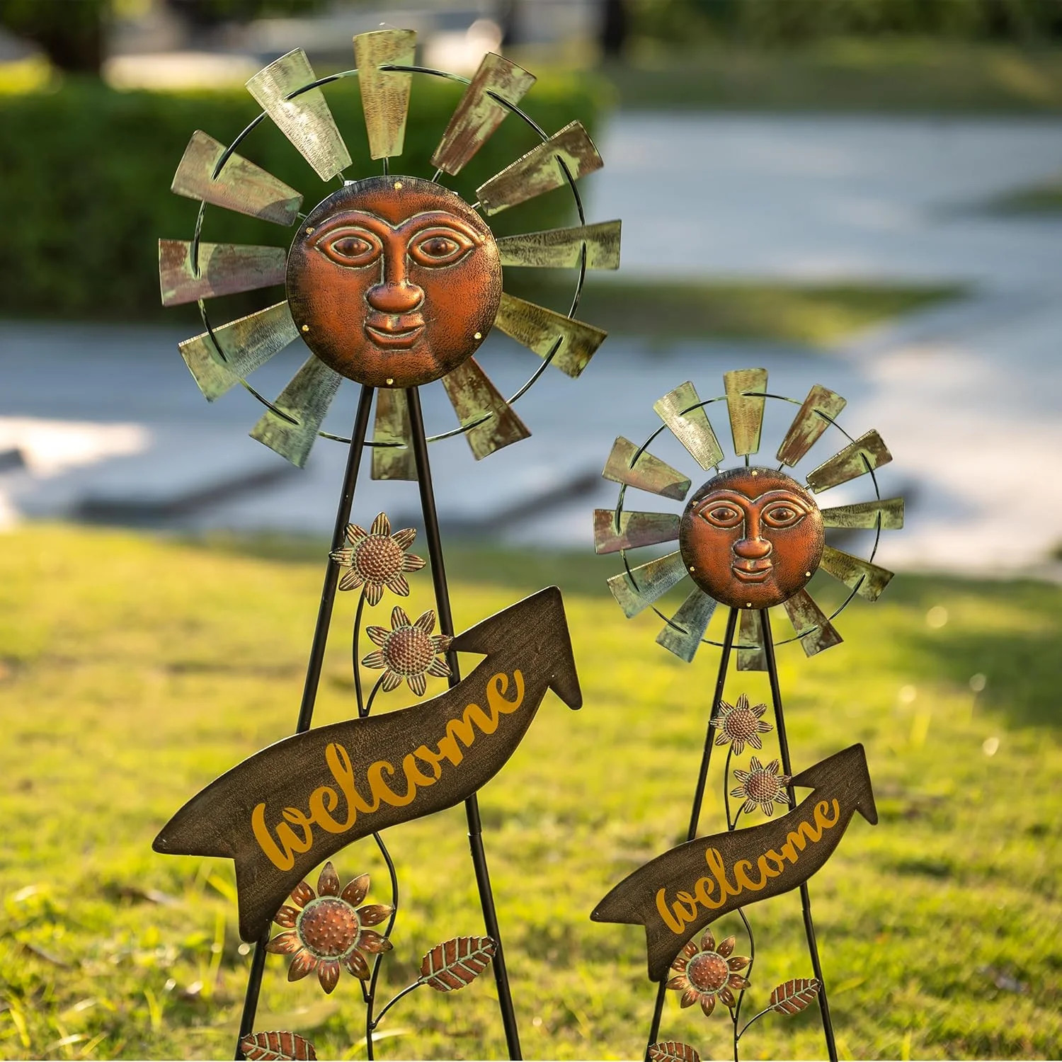Fathers Day Gift Solar Garden Lights Wind Spinner Outdoor Metal Sun Face Decor