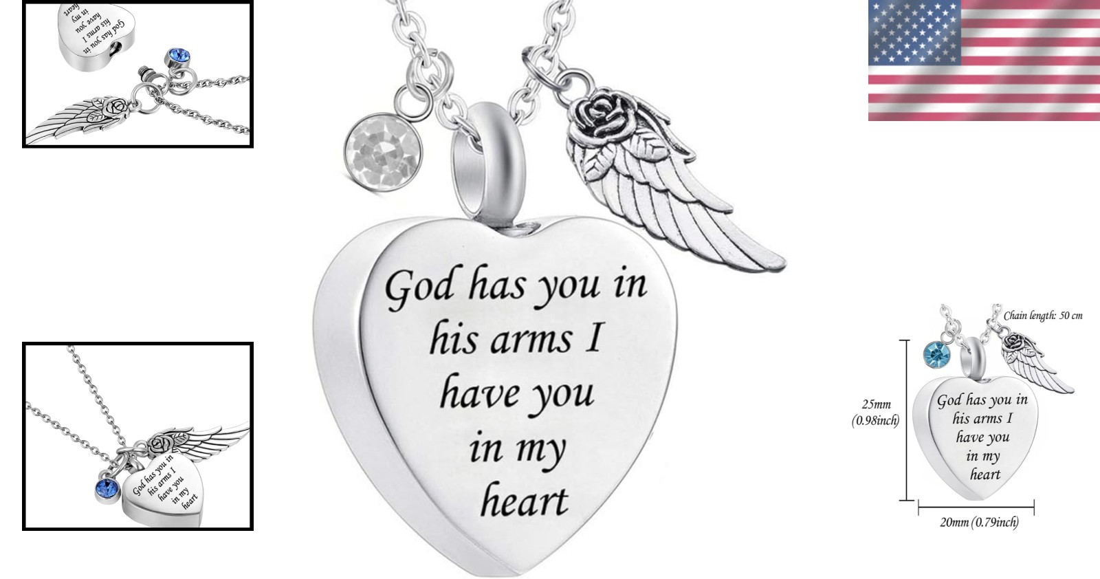 Angel Wing Charm Cremation Ashes Necklace – Heart Pearl & Birthstone Keepsake