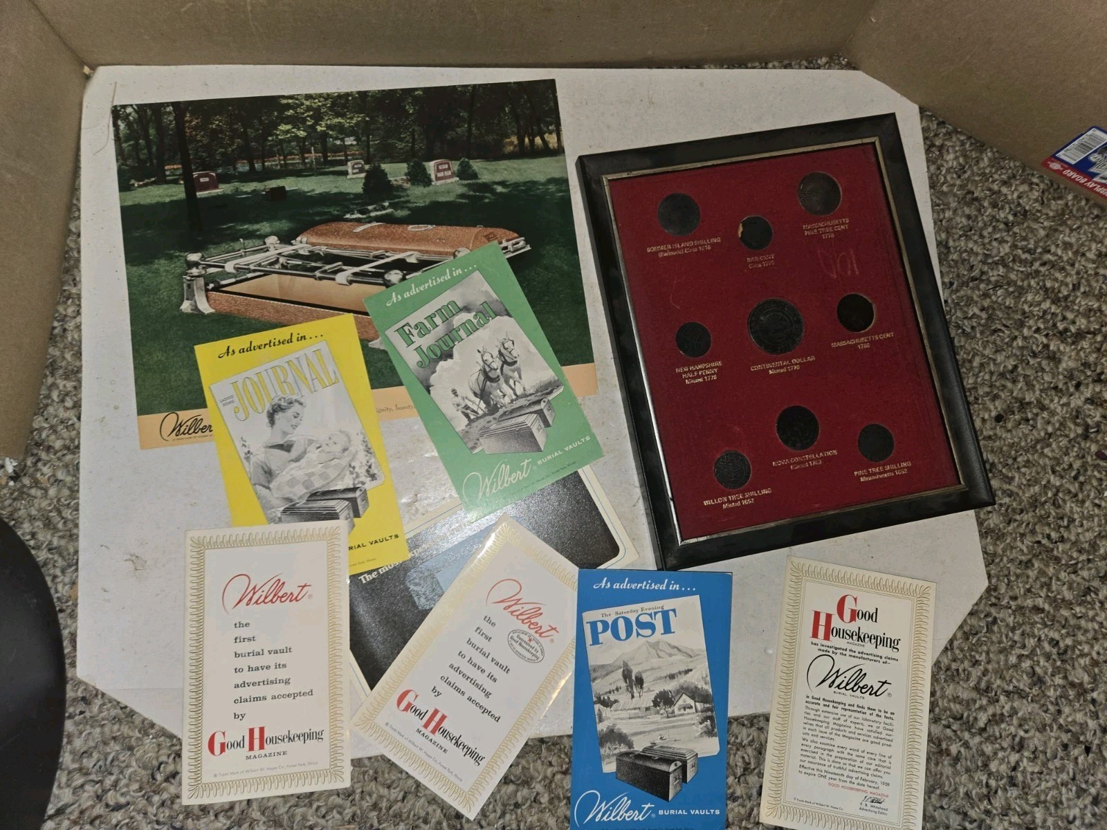 9 Vintage 60s/70s Wilbert Burial Vault,Paperwork,Coins,Post Card,Funeral,Casket