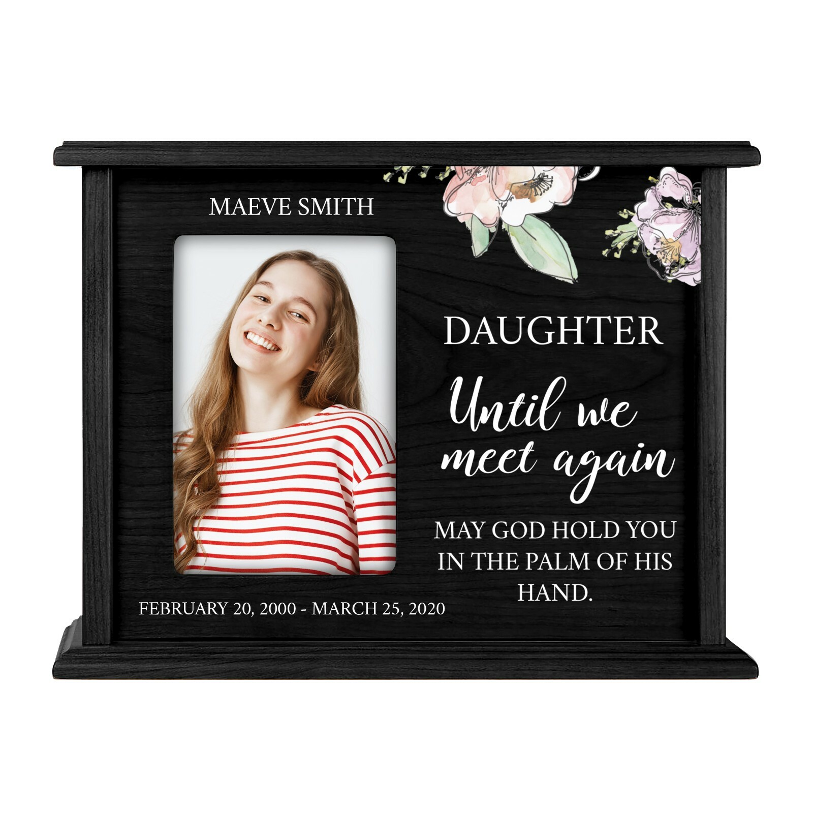 Custom Cremation Urn Box Holds 200 cu in w/ 4×6 Photo – Until We Meet (Daughter)