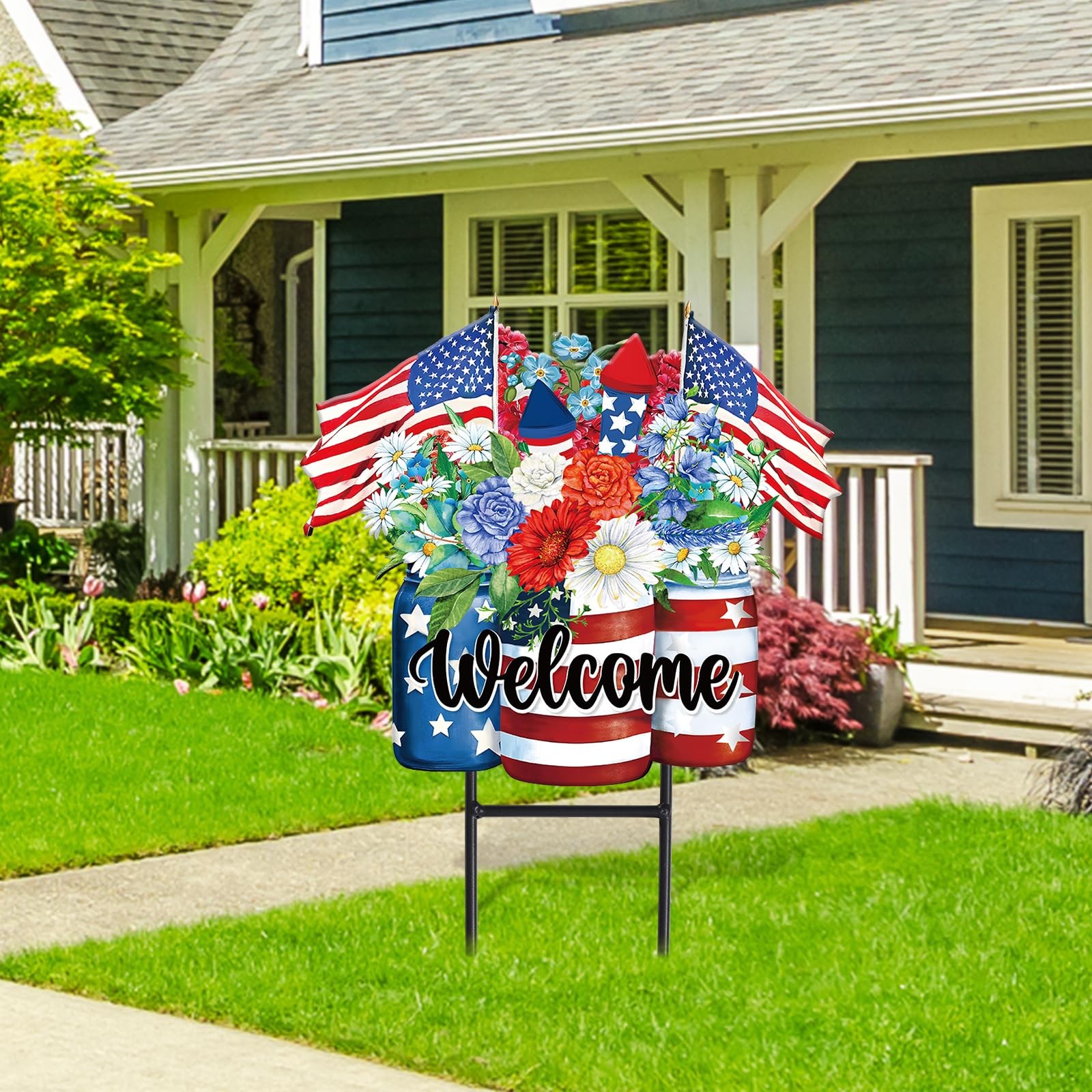 Patriotic Flower Metal Garden Stakes 4th of July American Flag Floral Vase De…
