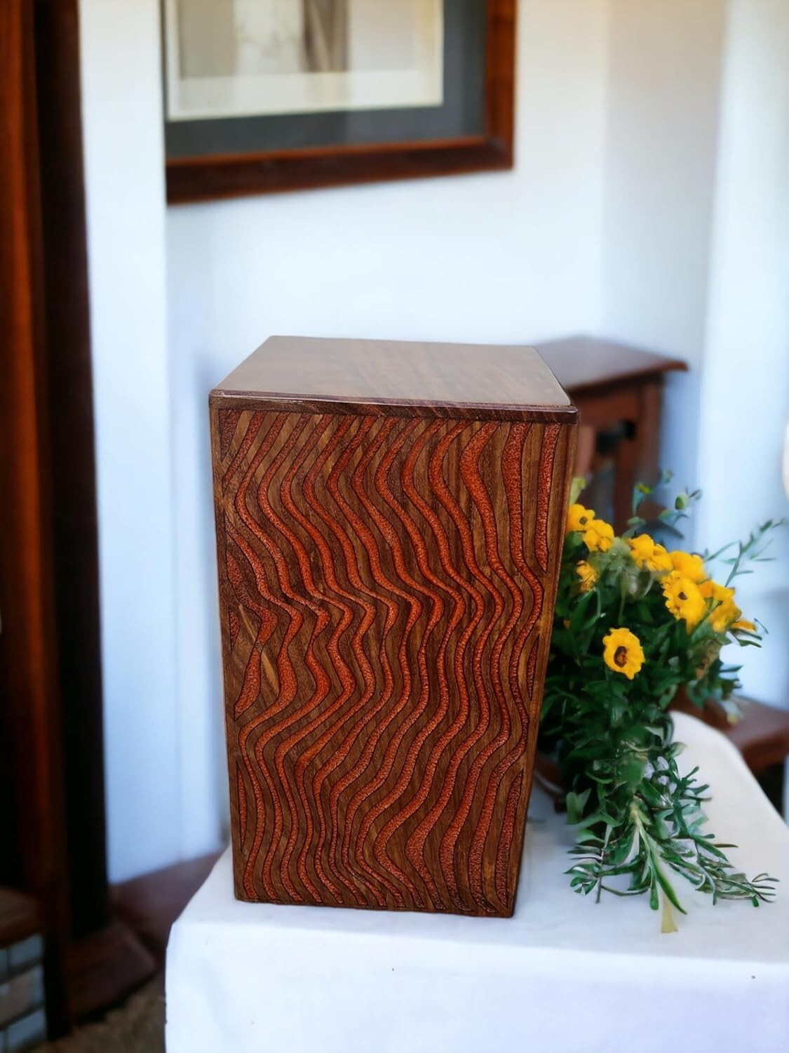 Handmade Rosewood & Resin Carved Wooden Urn for Human Ashes 250cu Adult Red Fire