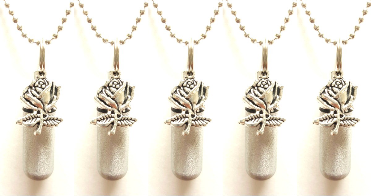 Set of FIVE Brushed Silver ROSE CREMATION URN Necklaces w/Pouches & Fill Kit