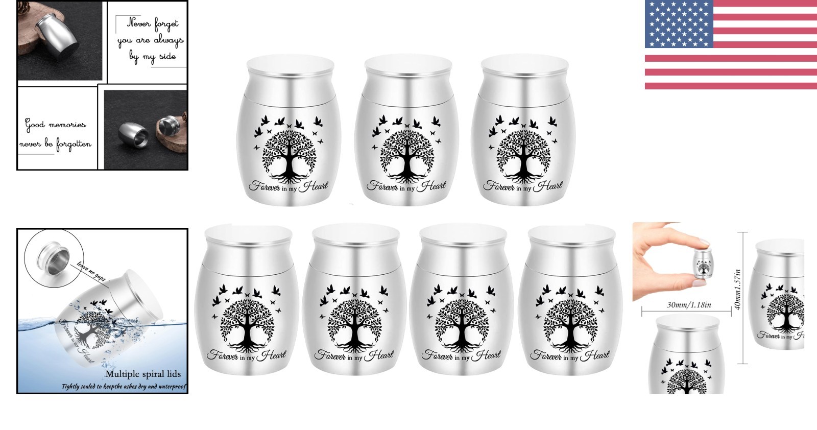 Forever in My Heart – 7pcs Mini Memorial Urns in Stainless Steel with Velvet Bag