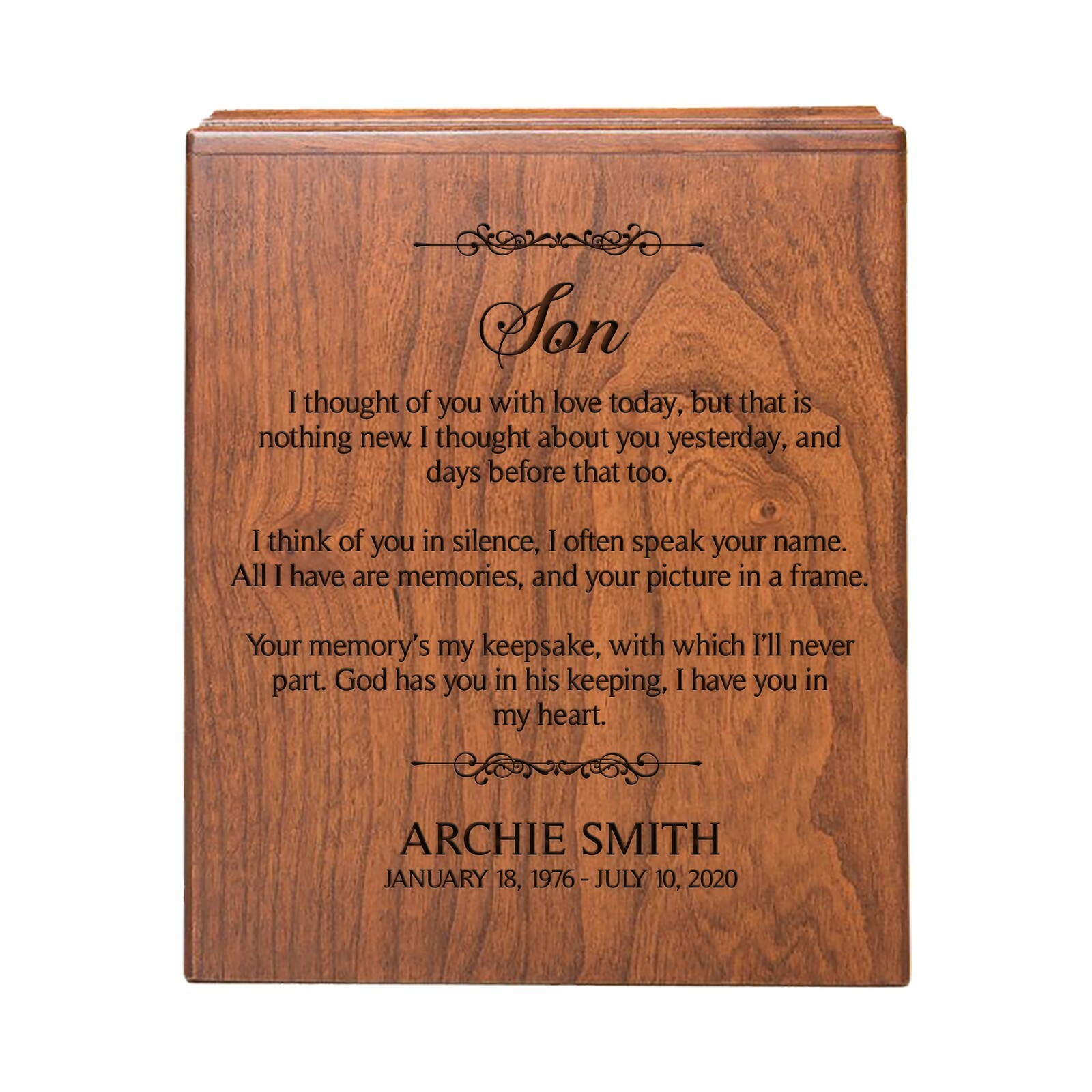 Custom Wooden Economy Urn Box holds 280 cu in of Human Ashes 7.75×5.75×9.5 -Son