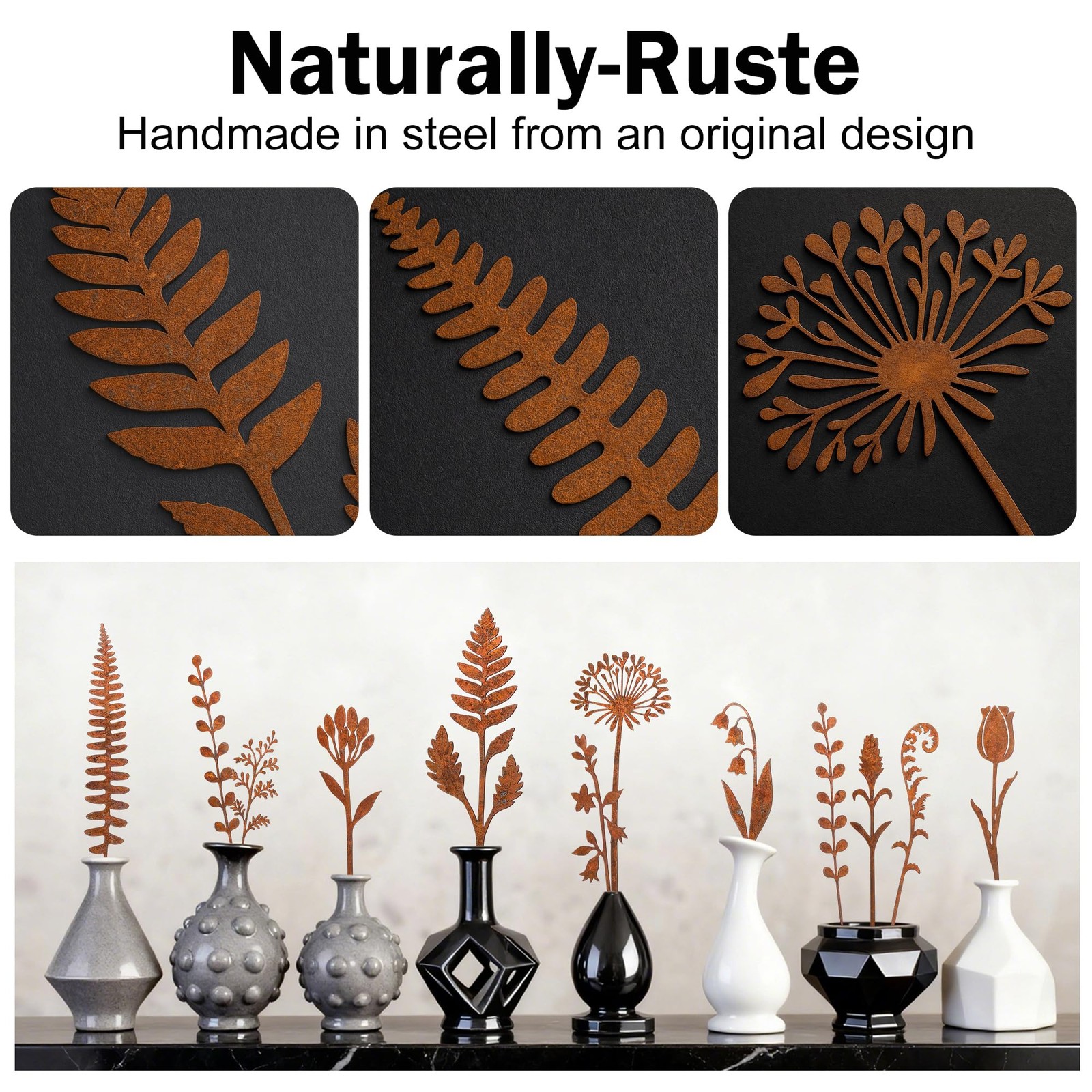 12 Pcs Rusty Metal Flower Garden Stakes for Outdoor Plant Decoration