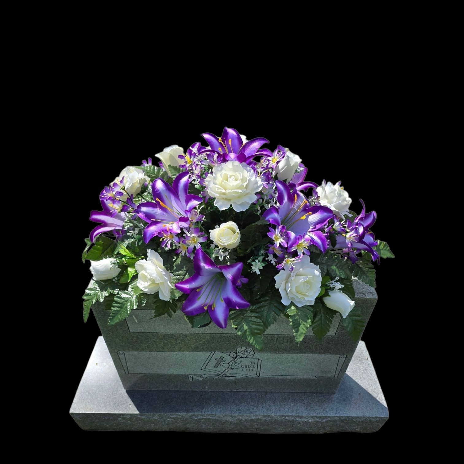 Purple Trumpet Lily and White Elegant rose Headstone saddle for Cemetery