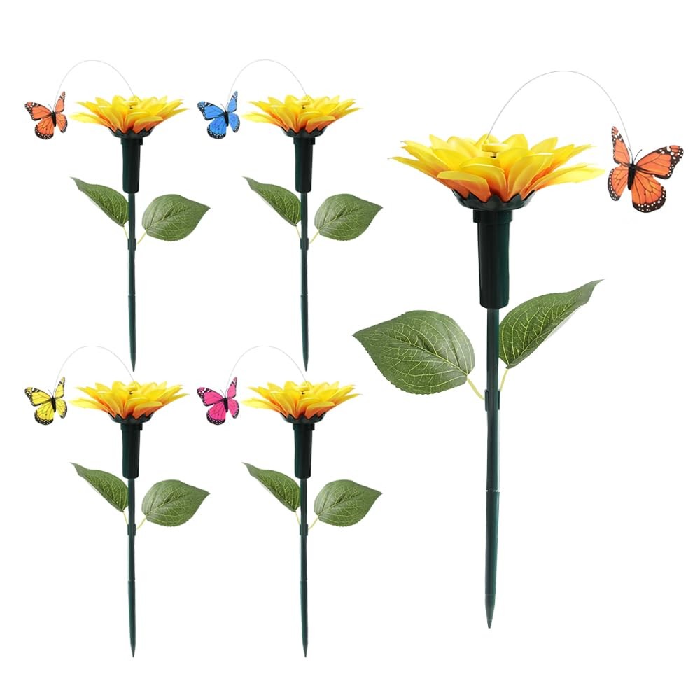 5pcs Solar/Battery Powered Fluttering Butterfly Sunflower Garden Stake (Decor…